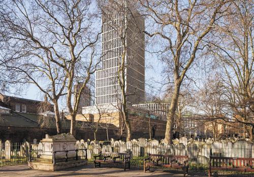 31-storey offices next to historic cemetery? Developer plans to turn building into skyscraper to attract Silicon Roundabout hi-tech firms Finsbury Tower_Bunhill Fields_artist impression