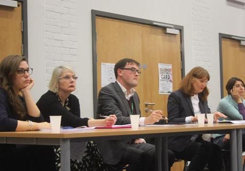 ‘Extremely foolish’: Parents and teachers at packed meeting protest against plans for free school in Highbury Highbury Fields teacher and Islington NUS vice-president Rachel Archer, former councillor and Highbury Community Association member Julie Horten, Cllr Joe Caluori, Islington Council director of planning Karen Sullivan and parent Abi Hopkins
