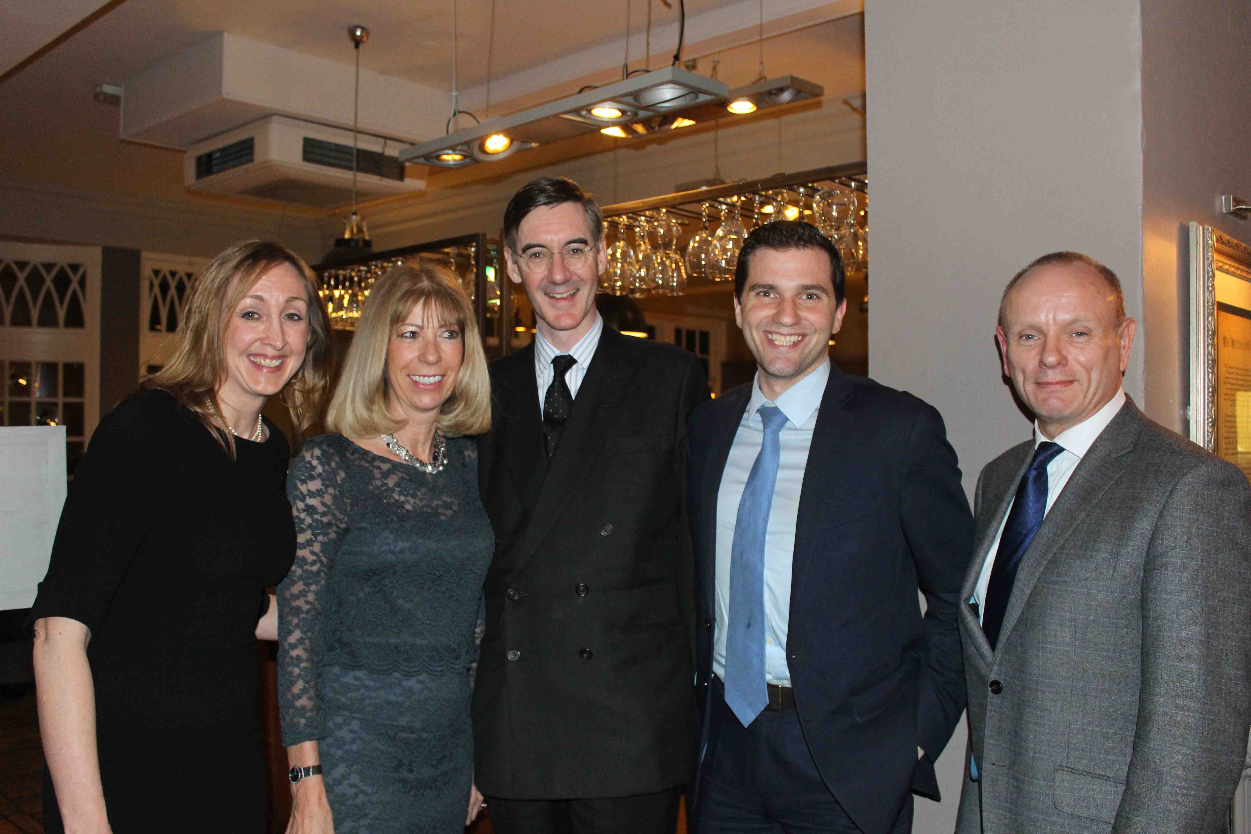 MP Jacob Rees-Mogg with Hampstead Tories Claire-Louise Leyland, Judy Booth, Oliver Cooper and MP Mike Freer