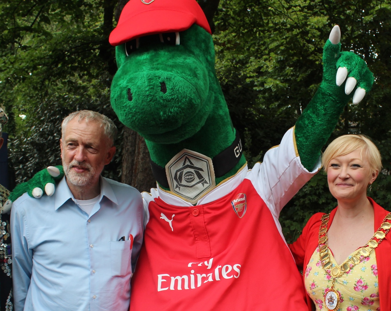 Jeremy Corbyn with Gunnersaurus
