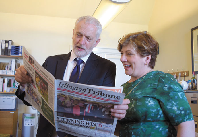Tribune is first on the streets with results of election Jeremy Corbyn and Emily Thornberry looking at the Islington Tribune_no clock