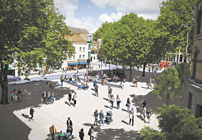 No parking, no cars for historic Clerkenwell Green Clerkenwell Green proposal - view looking towards Clerkenwell Close from Clerkenwell Road