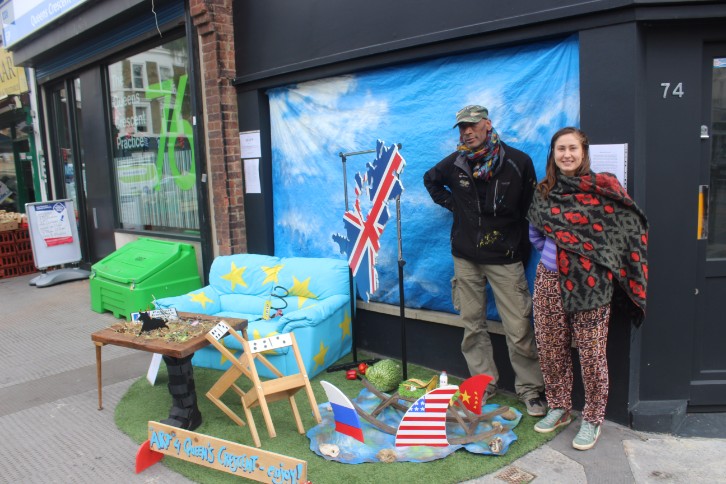 Making EU think? Artists put Brexit installation outside empty shop in Queen’s Crescent Artists Louis de Trebous and Sasha Grigorjeva