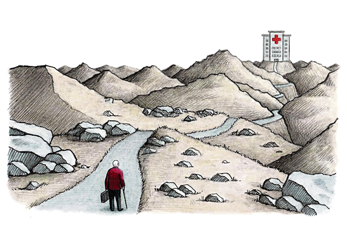 We will see casualties in fight for health service John Sadler cartoon - hospital-long journey