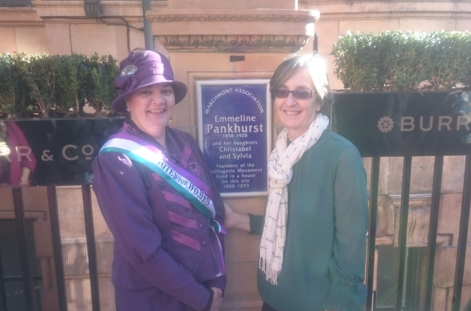 Dr Helen Pankhurst by the new plaque with Caroline Persaud of the Marchmont Association