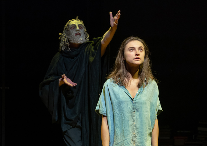 Paul Brennen (Euripides) and Isabella Nefar (Jude) in Jude at Hampstead Theatre. Photo credit Marc Brenner