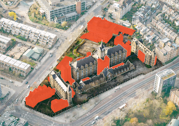 Archway Campus 10-Buildings to demolish in red