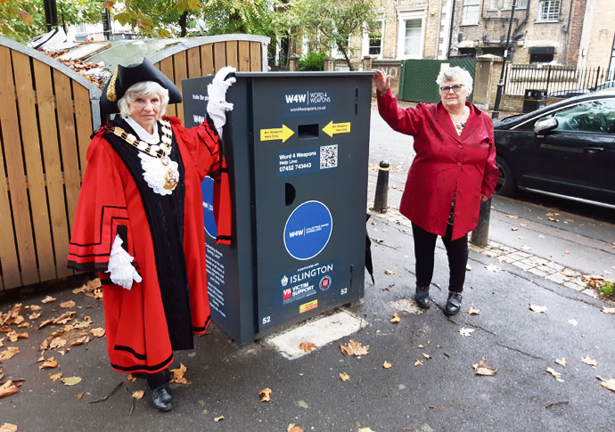Knives placed in bins will be turned into awards Mayor of Islington Janet Burgess and Cllr Sue Lukes with one of the new knife bins in Highbury