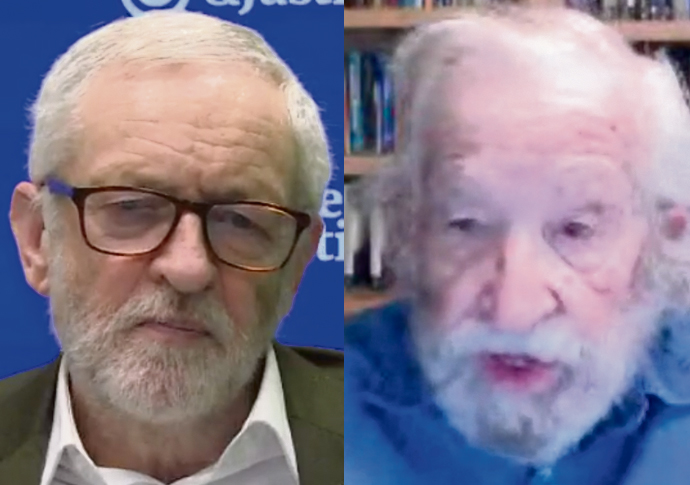 Thousands see launch of Corbyn’s ‘Peace and Justice project’ Jeremy Corbyn and right Noam Chomsky