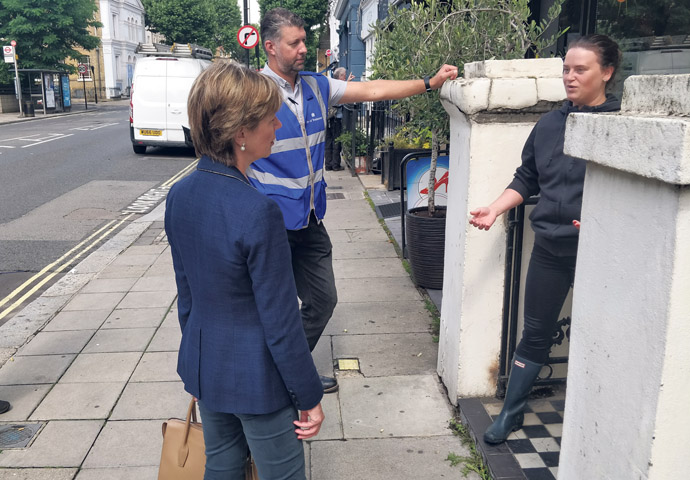 Cllr Rachael Robathan in Maida Vale after flood