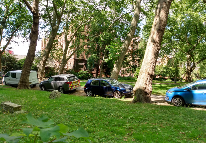 This park should not be used as a car park St Pancras Old Church car park