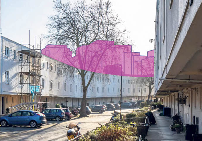 Scale of Holloway Prison site buildings viewed from Penderyn Way