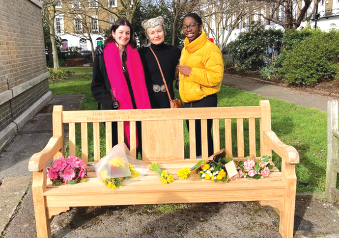 Friends gather to unveil bench in honour of artist Gaia Dorit (centre) with Gaia's friends Roisin and Busayo (right) _2