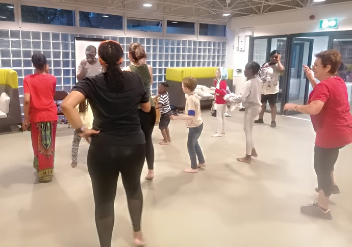 George Fiawoo teaching The Kekeli African Dance Ensemble class on Andover estate