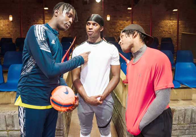 Red Pitch_Emeka Sesay (Joey), Kedar Williams-Stirling (Bilal) and Francis Lovehall (Omz)_ at Bush Theatre. Photo credit Helen Murray