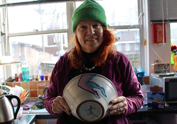 Give me back my sculpture! Shelley with a bowl she made