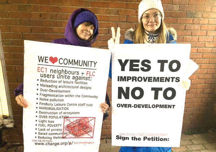 Objectors are united in fight against tower plan EC1 Voices members Lize Evers and Iana Petkova outside another meeting at the leisure centre last night