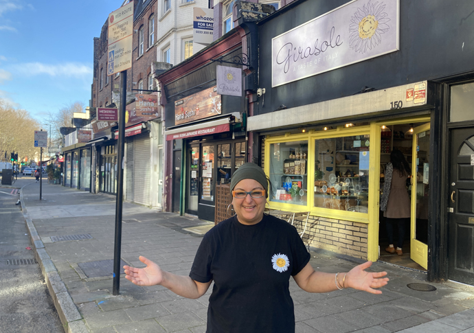Eglal Gomaa outside her deli Girasole in Seven Sisters Road by the new bike path