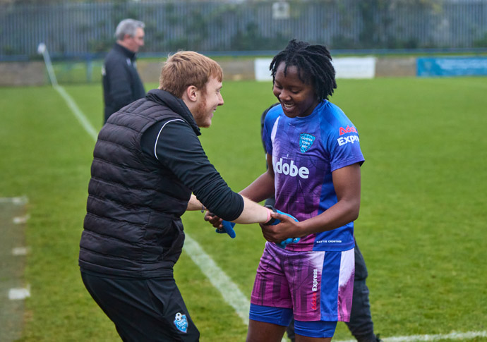 It’s ‘job done’ as Town dig deep for cup win Victory Edema with Camden Town WFC manager Harry Sherman-Credit Camden Town WFC