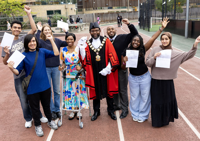 GCSE Results 2025 SB_01 L-R Kevin Alex Isabel Cllr Safi-Ngongo Mayor Cllr Ibrahim Neveah Lamya