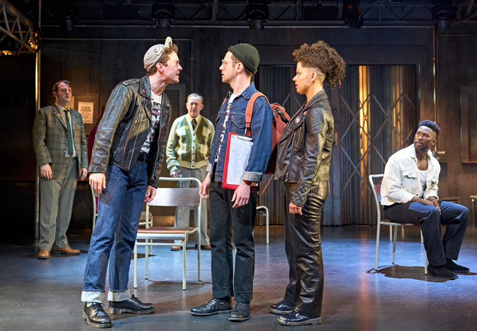 Review: Pride, at the National Theatre Pride_Matthew Woodyatt (Dai), Jhon Lumsden (Mark) Darren Lawrence (Cliff), Matthew Durkan (Mike), Courtney Stapleton (Steph) and Jordan Shaw (Reggie) in Pride. (c) Manuel Harlan 0483