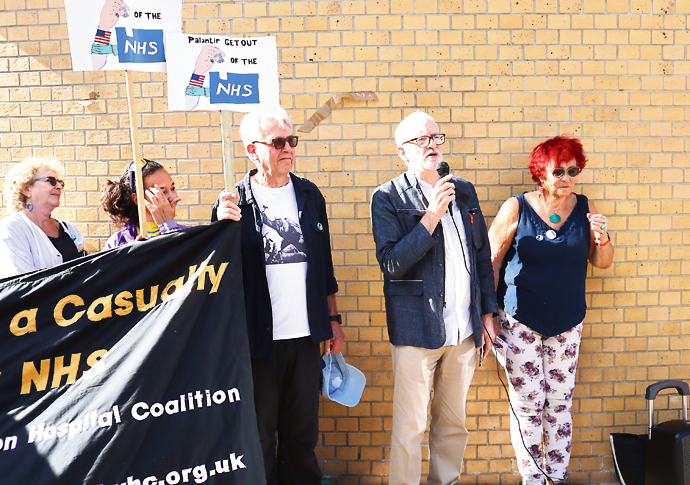 Stop tech giants grabbing our health records, says protest at hospital’s door Jeremy Corbyn speaking outside the Whittington Hospital